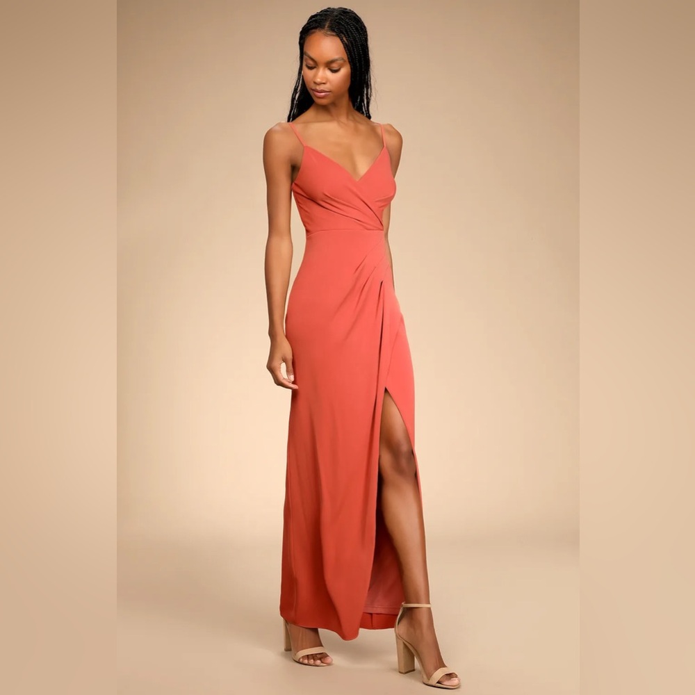 Stunning Outlook Terracotta Surplice Faux-Wrap Maxi Dress